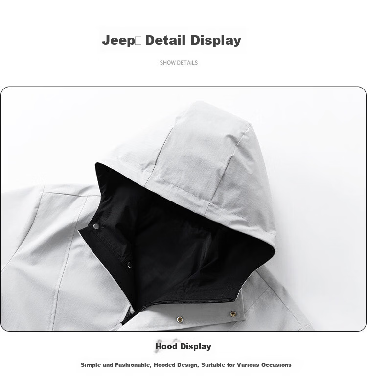 JEEP Men's Jacket Spring Autumn Windbreaker Hooded Casual Versatile Mid-Length Black 2XL 12
