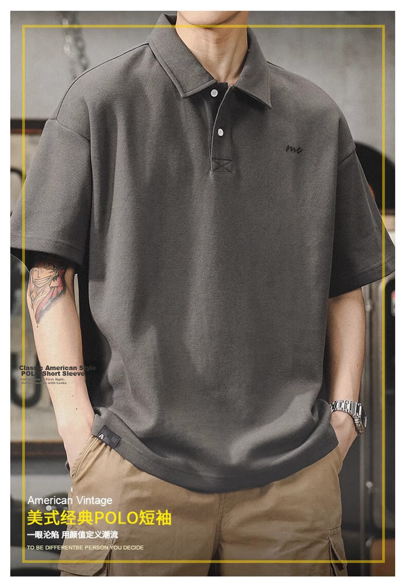 Jeanswest American Vintage Polo Shirt Men Summer Simple Heavyweight Loose Fit Plus Size Short Sleeve Top 3