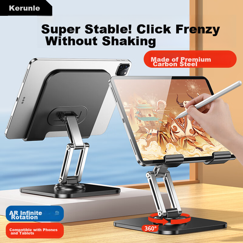 Kerunle [Three-Axis Rotation] Tablet Stand iPad Desktop Phone Holder 360° Multifunctional Rotatable Foldable Lazy Support Bracket for Gaming, Online Classes, Drawing, Metal Live Streaming