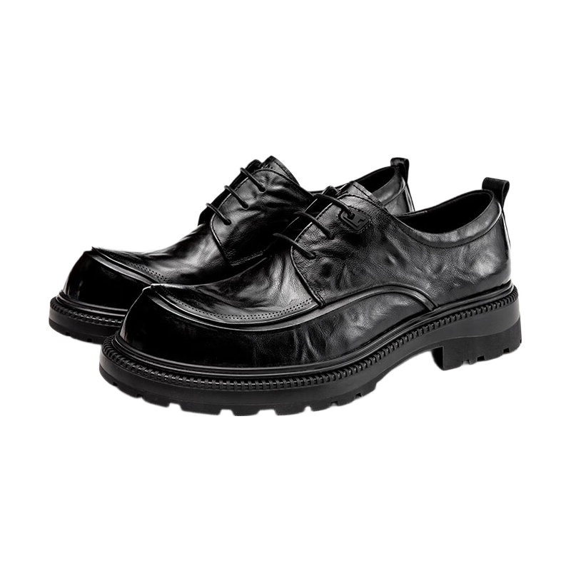 Aokang Men's Business Formal Leather Shoes Cowhide Wrinkled Youth Thick Sole Derby Shoes Black Size 40