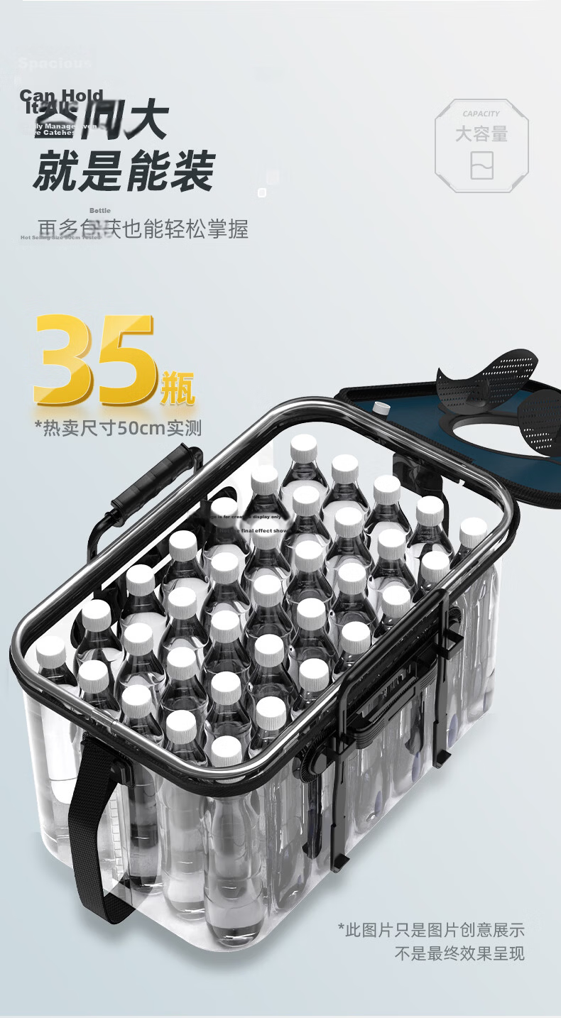 Yuzhiyuan Live Fish Bucket, Fishing Tackle Box, Foldable Water Bucket, Transparent Container, Navy Blue + Air Pump 9
