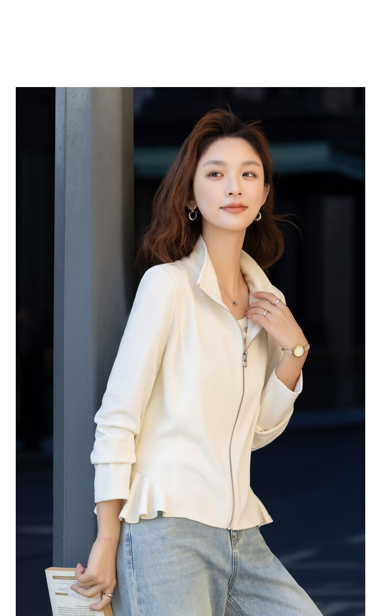 Demana Sandwashed Air Layer Spring Korean Style Stand Collar Ruffle Slim Fit Petite Women's Casual Jacket 11