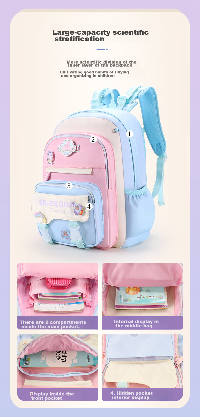 S.X-ZEBRA Elementary School Backpack for Girls in Grades 2-6, Lightweight Spine Protection Children's Backpack, Purple-Pink 8