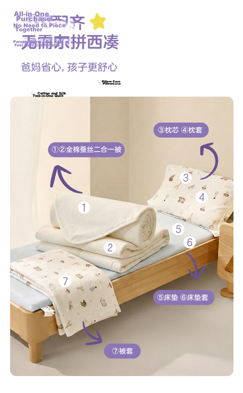Luolai Children's Kindergarten 7-Piece Set Silicone Spine-Protecting Pillow Core Mattress Class A Machine-Washable Gauze Silk Nap Bedding Set 6
