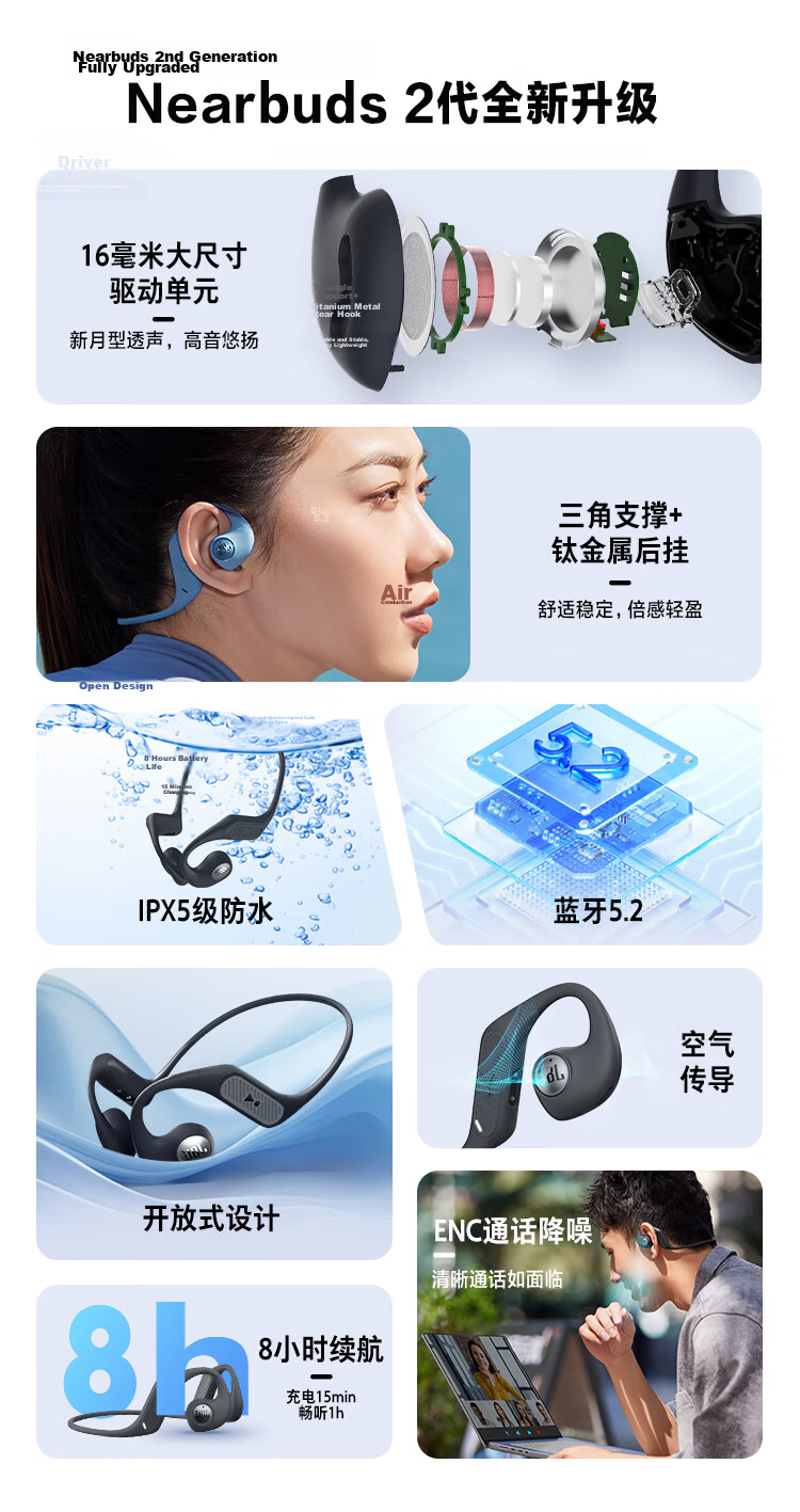 JBL Nearbuds2 Bluetooth Headphones, Open-Ear Wireless Earphones, Non-In And Non-Over-Ear Style, Not Bone Conduction, for Sports And Running, Birthday Gift, Blue Color 4