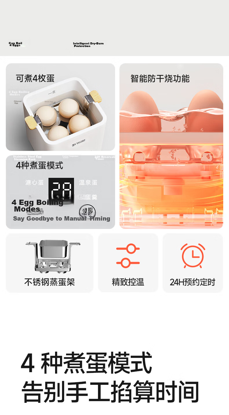 Ankale Multifunctional Egg Cooker for 1-2 People Small Smart Timer Auto Power Off Soft Boiled Salted Egg Hot Spring Steamed Egg Single Layer 4-Egg Steamer Baby Food Maker AJL-ZD10 2