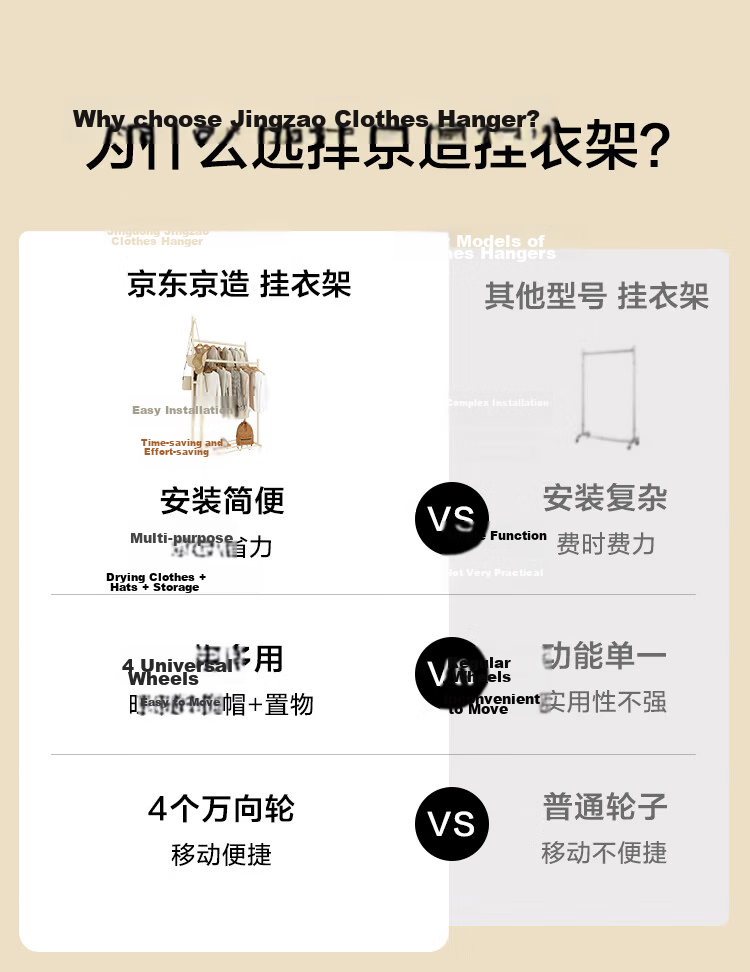 JD Jingzao Cream Tree Upgraded Double Rod Floor Standing Mobile Clothes Drying Rack Indoor Balcony Bedroom Cream Color 3