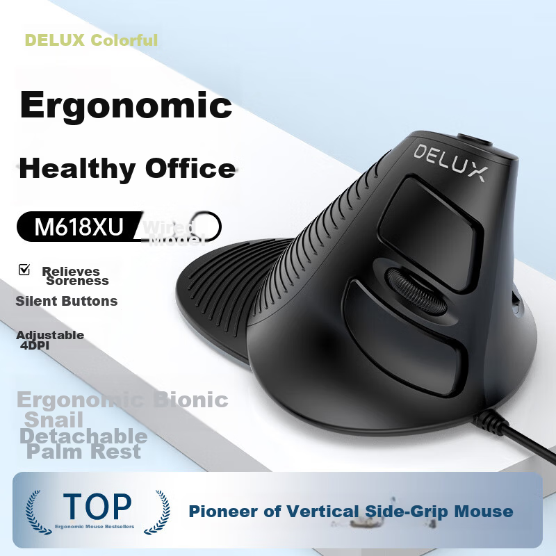 Delux M618XU Ergonomic Vertical Silent Wired Mouse with Detachable Palm Rest for HP Asus Lenovo Laptops Black