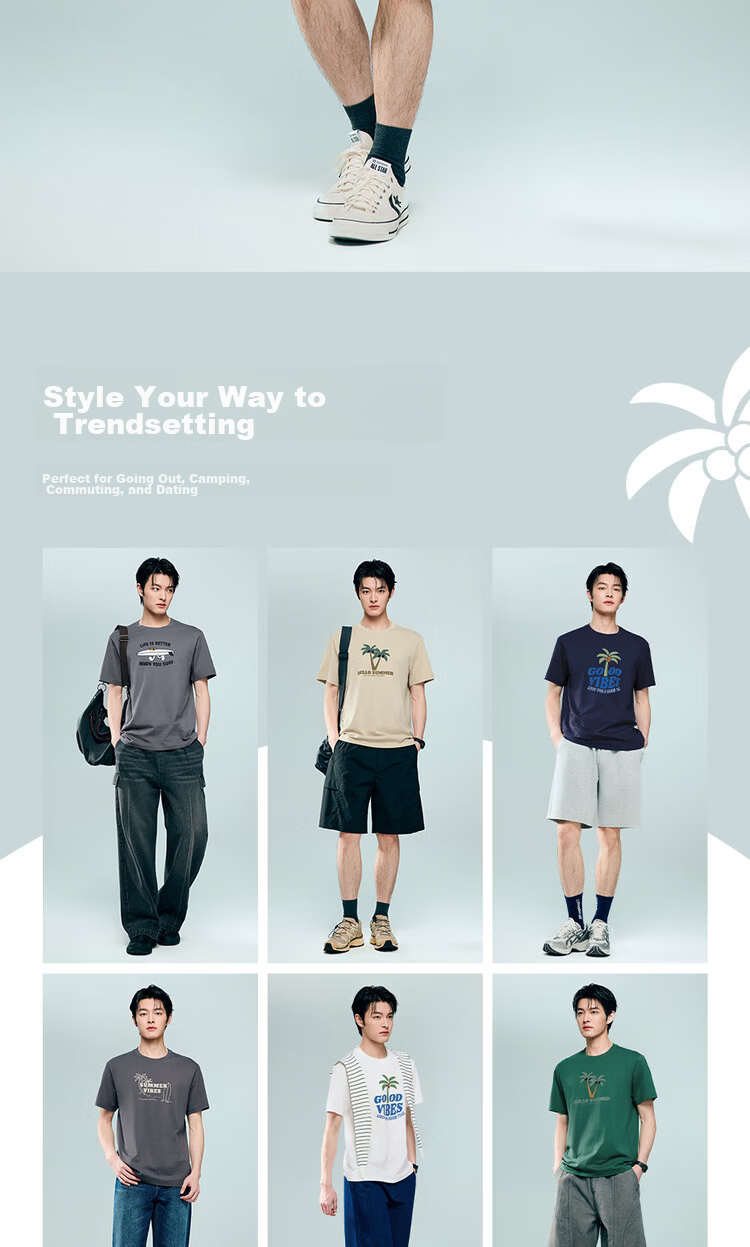 Giordano Men's Short Sleeve T-Shirt Summer New Pure Cotton Vacation Beach Theme Printed Crew Neck Top 13096305 9