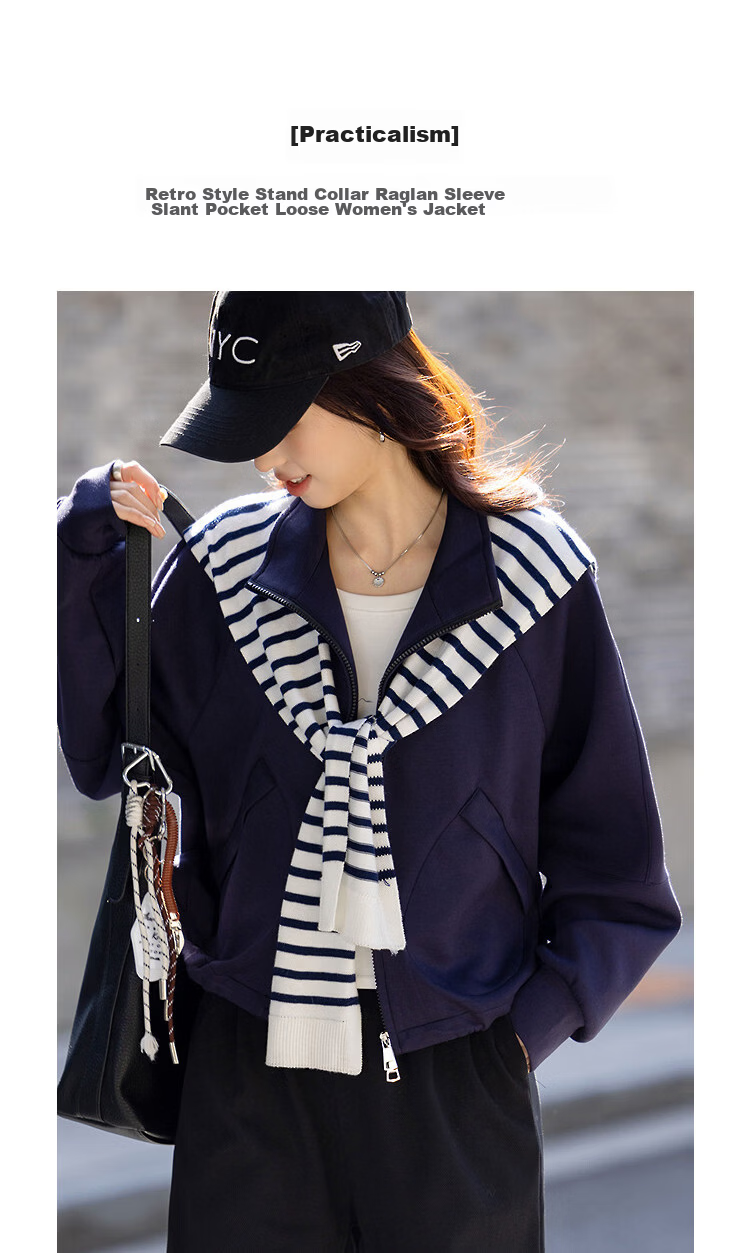 Demana [Practicalism] Spring Retro Style Stand Collar Raglan Sleeve Slant Pocket Loose Slimming Concealment Jacket for Women High-End Feel 5
