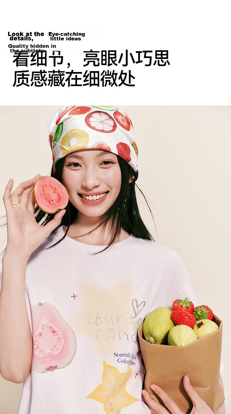 Semir Women's Summer Short Sleeve T-Shirt Mid-Length Loose Pure Cotton Rhinestone Fruit Pullover 2026 109326100028 19