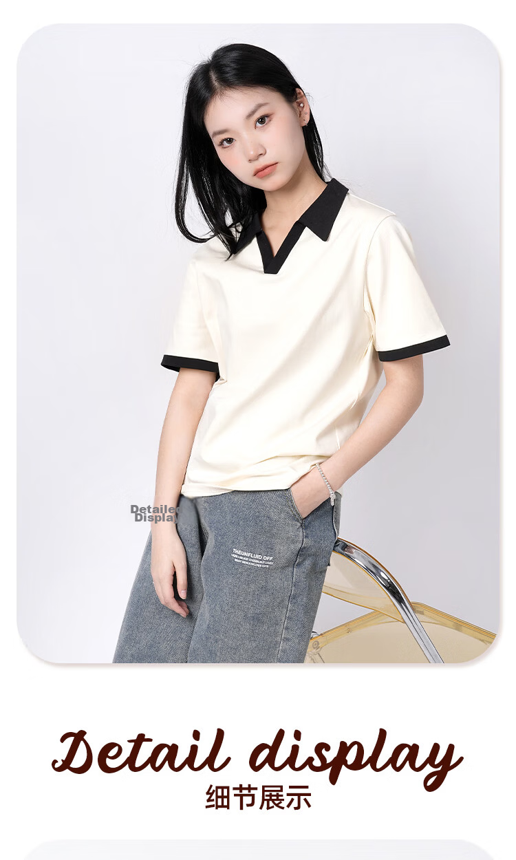 Warrior Summer Contrast Color Cotton Short Sleeve T-Shirt Women 2026 New Loose Fit High-Quality Polo Collar Top 14