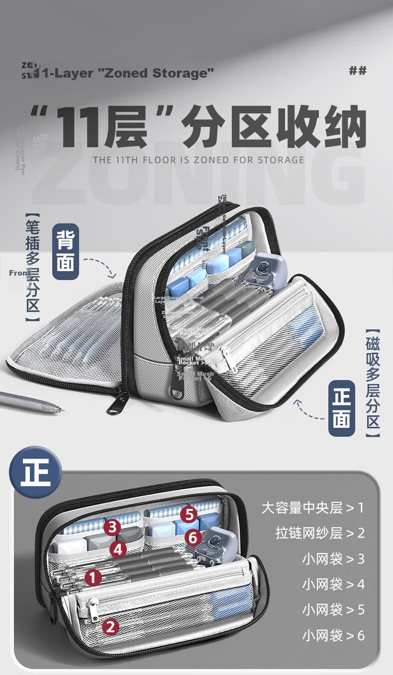 Meijiwan 11-Layer Magnetic Stand-Up Pencil Case Large Capacity Stationery Box for Middle and High School Students Girls 2026 New High-Value Ins Popular Niche Boys Children's Pencil Box Black 5