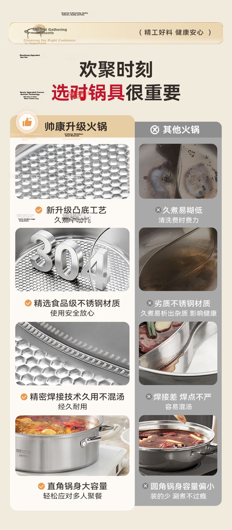 Sacon Hot Pot Dual-Flavored Pot 304 Stainless Steel Soup Pot Straight Body Anti-Scald Suitable for Open Flame and Induction Cooker 32cm 3