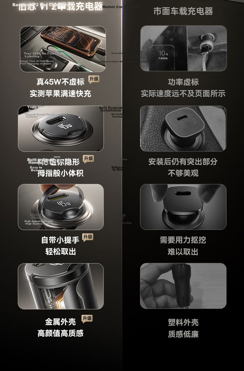 BASEUS 45W Car Charger Super Fast Charging Car Cigarette Lighter Set UFCS Universal Fusion Fast Charge Compatible with Apple 8-17 Series + Huawei Android 2