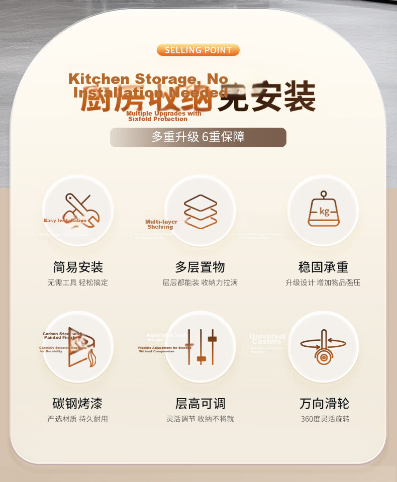 Jiabangshou 2026 New Multi-Layer Multifunctional Kitchen Storage Rack No-Installation Integrated Storage Shelf 4-80 2