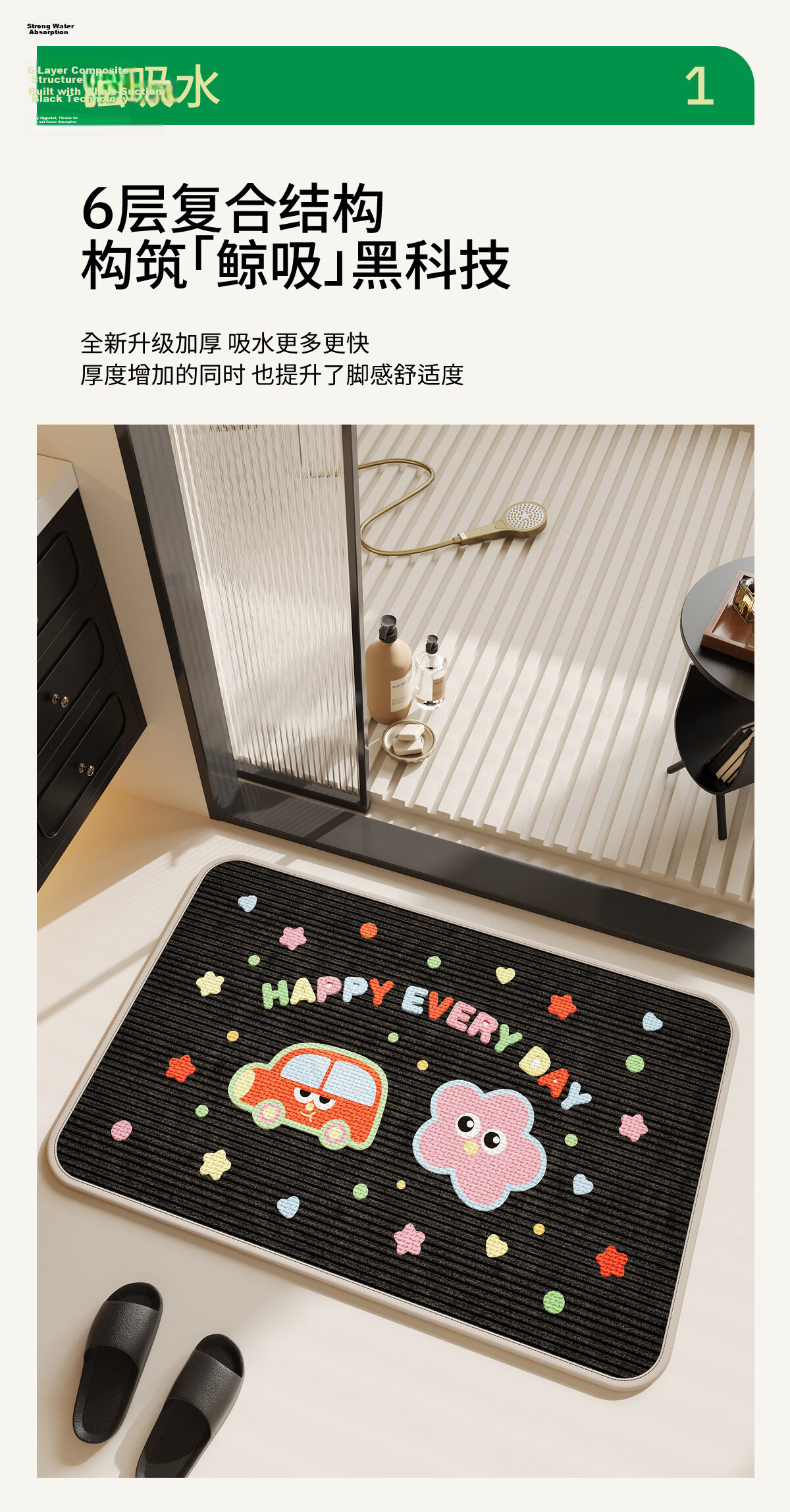 Chuangmaishi Bathroom Mat Absorbent Non-Slip Bath Mat Toilet Entrance Quick-Dry 40*60cm 4