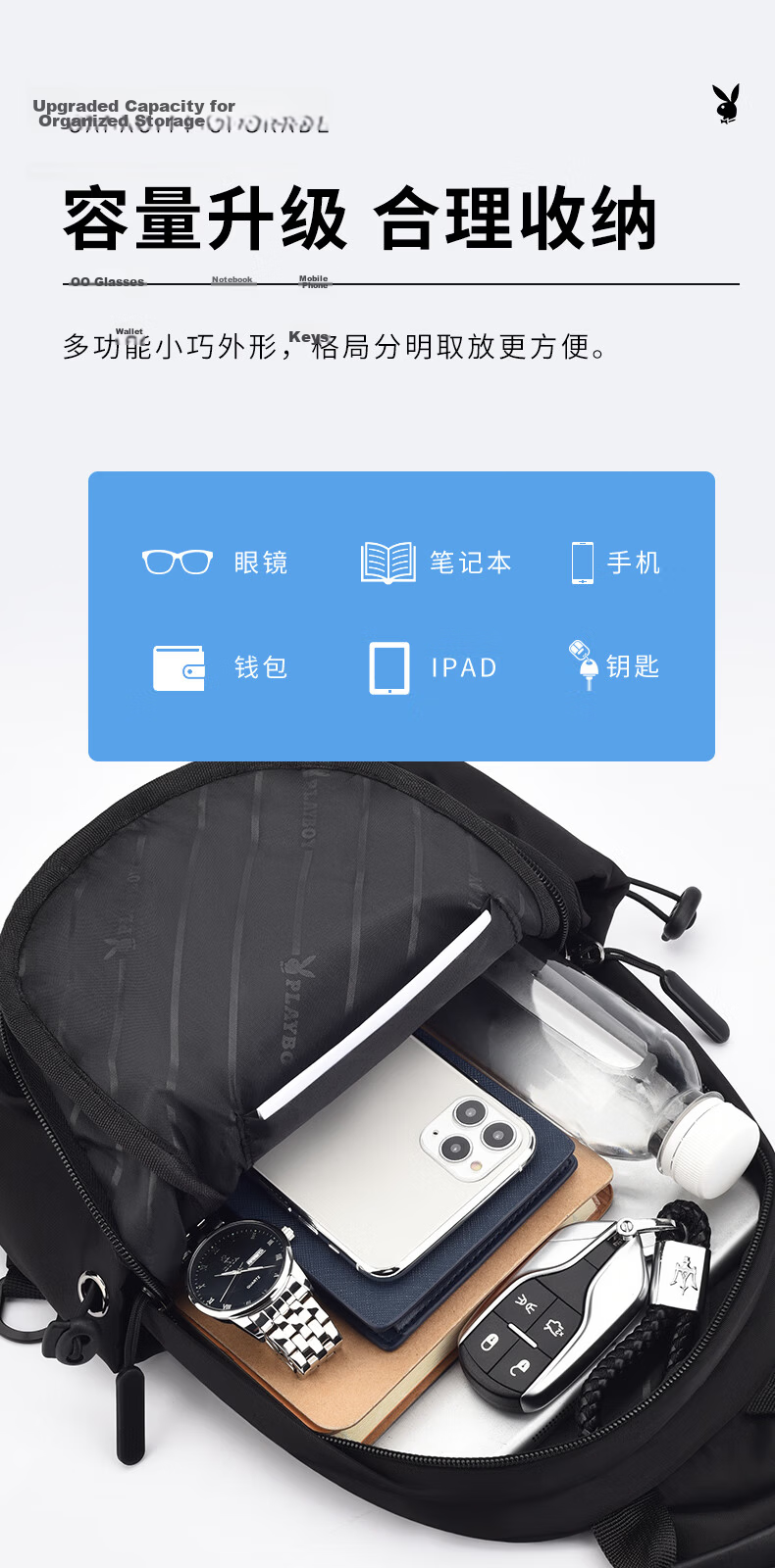 Playboy Men's Chest Bag Multifunctional Shoulder Crossbody Bag Casual Outdoor Small Phone Bag Practical 3