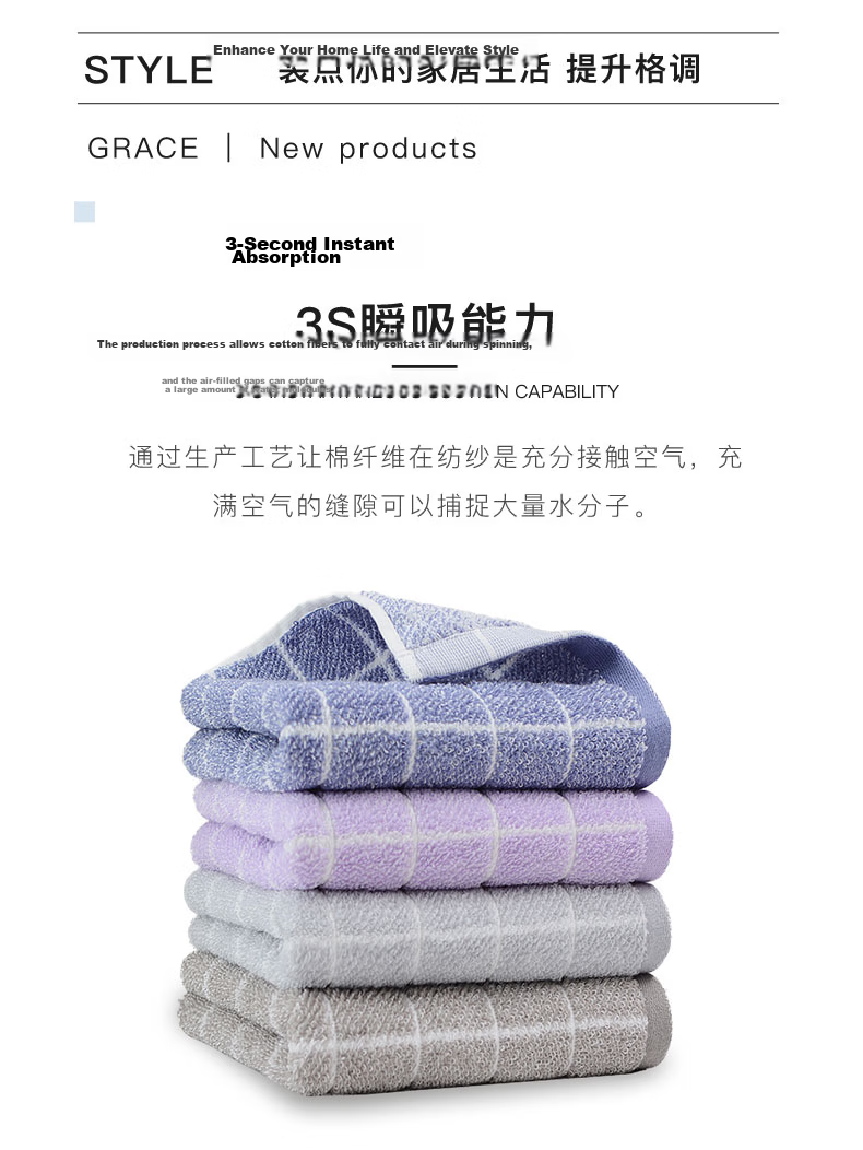 Grace Towels Home Textiles Classic Plaid Series Xinjiang Cotton Highly Absorbent Face Towels 2-Pack Blue/Gray Sports 7