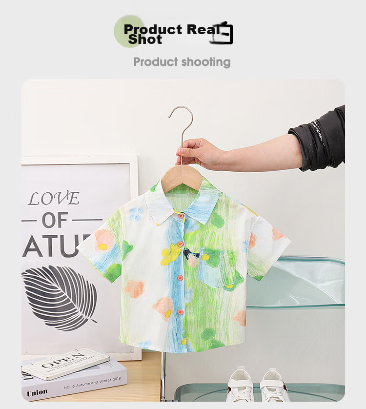 LUOBOBEIBEI Boys' Short-Sleeve Shirt, Printed Blouse, Beach Vacation Wear, Formal Attire for School Opening, 23601 Green, Size 110 11