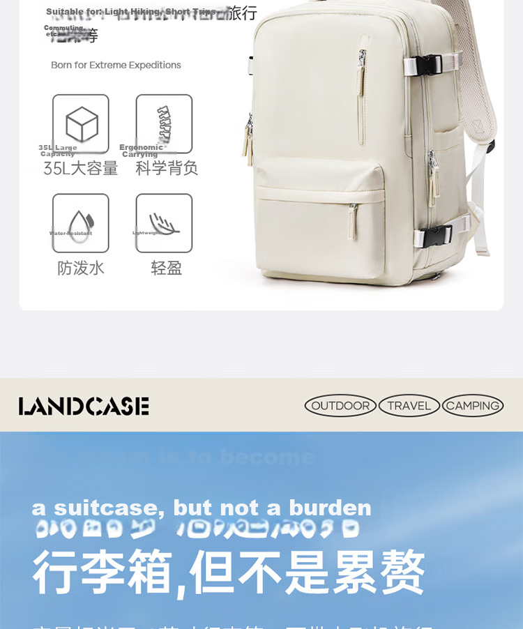 Landcase Backpack Travel Bag Women Large Capacity Double Shoulder Bag Men Short Trip Multi-functional Laptop Bag 5162 Beige Small Size 8