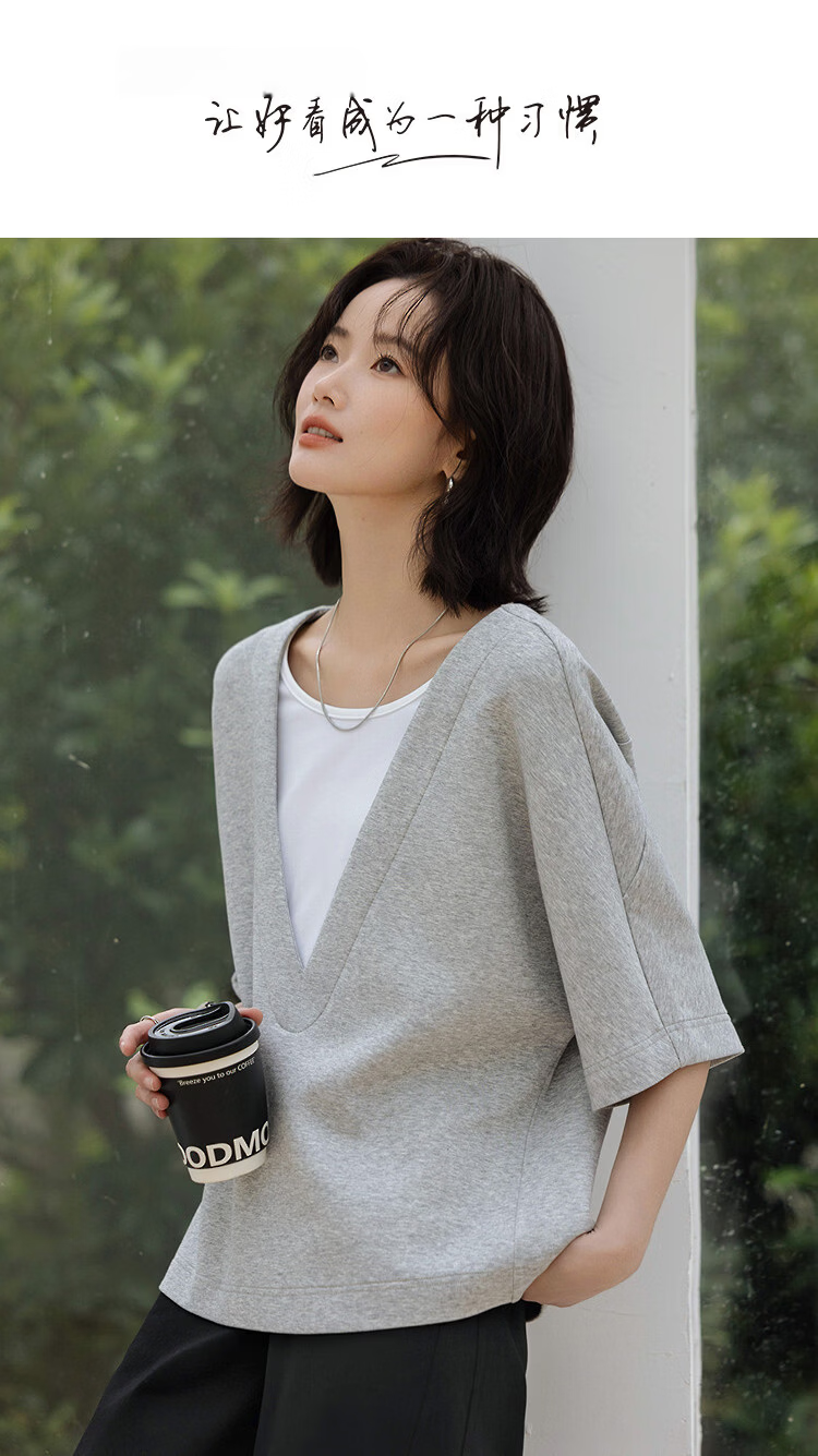 Demana [Comfort Elastic Air Layer] Spring Design Fake Two-Piece Raglan Sleeve Loose Slimming Sweatshirt for Women High-End Feel 1