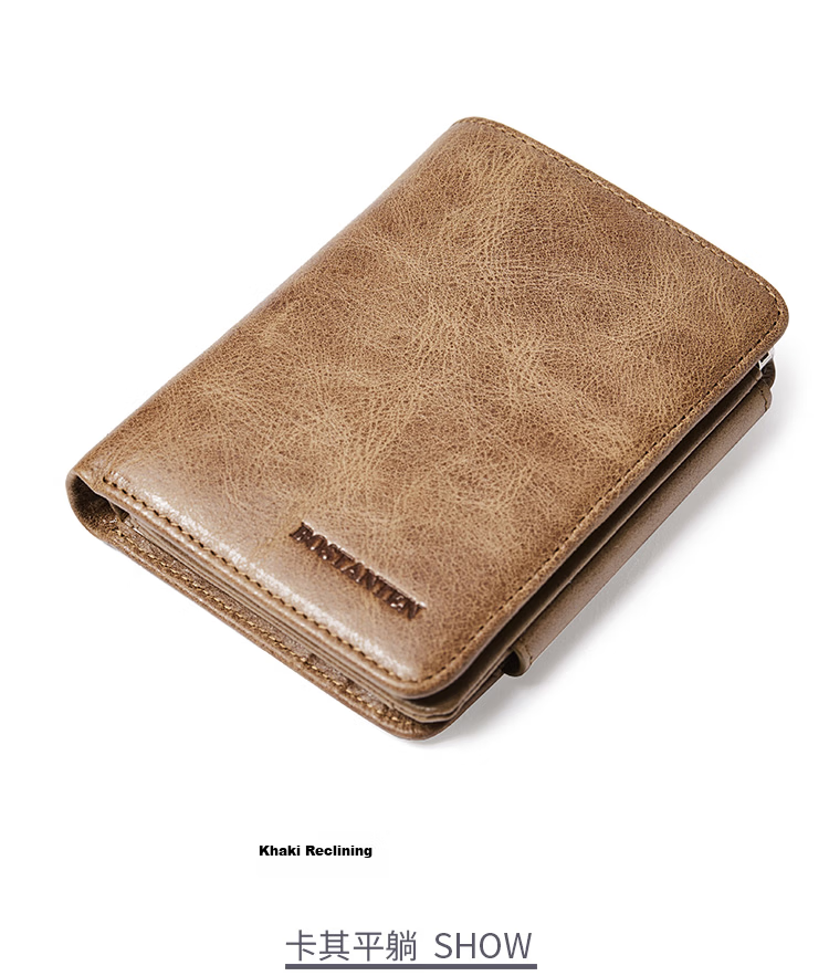 BOSTANTEN Men's Wallet, Short Style, Top-Grain Leather, Student Foldable Multi-Card Holder, Korean-Style Clutch Wallet for Me 16