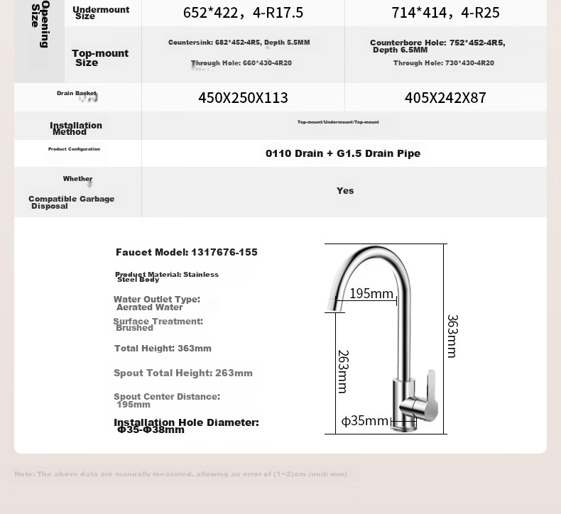 JOMOO Stainless Steel Brushed Large Capacity Kitchen Sink Single Basin Faucet Set 68*45 02390 7