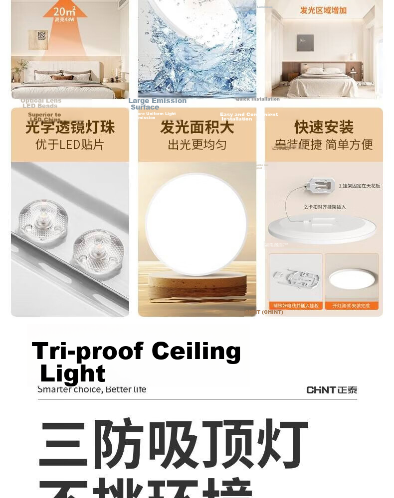 CHINT LED Tri-proof Ceiling Light IP50 Waterproof Dustproof Insect-proof Corridor Mall Restaurant Warehouse Office Light White Shell 48W Cool White 6500K 8