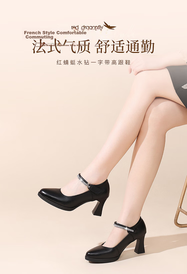 Red Dragonfly Women's Autumn Breathable Mary Jane High Heels Versatile Lightweight Leather Shoes WLB253961 Black Size 36 1