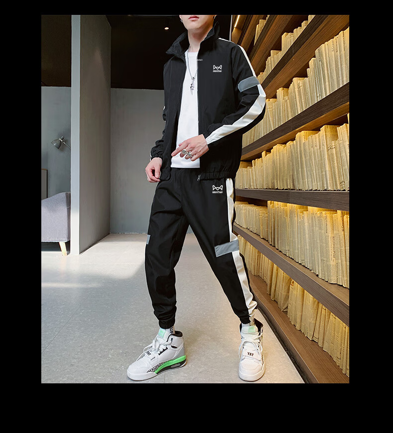 Miiow Men's Long Sleeve Set Spring Autumn Stylish Versatile Sports Stand Collar Jacket and Pants Two-Piece Set Gray 3XL 3