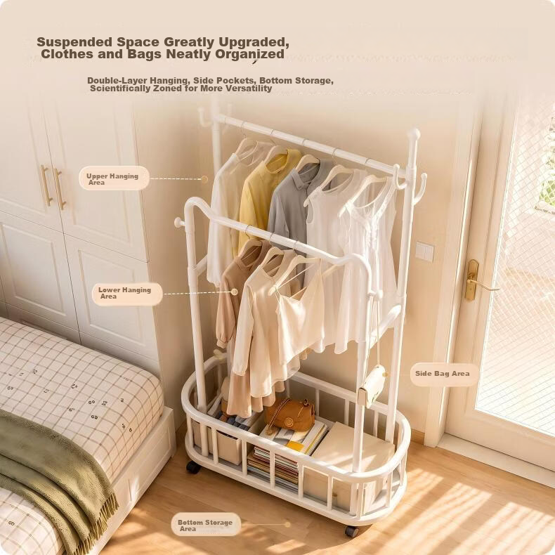 HaixiFang Floor Coat Rack with Wheels Cat Ear Design Double Rod 80cm White for Bedroom Balcony Small Spaces HL22 4