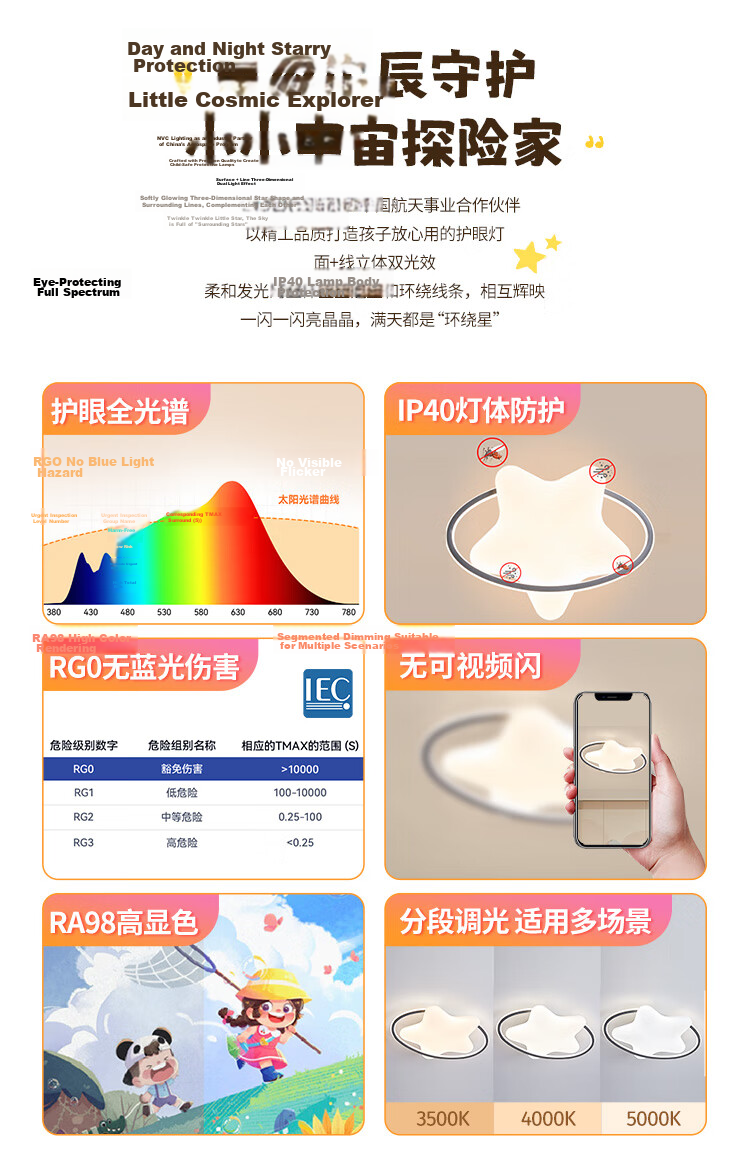 NVC LED Ceiling Light Full Spectrum Eye Protection Bedroom Kids Boys Girls Renewal Subsidy Star Three Colors 54W 2
