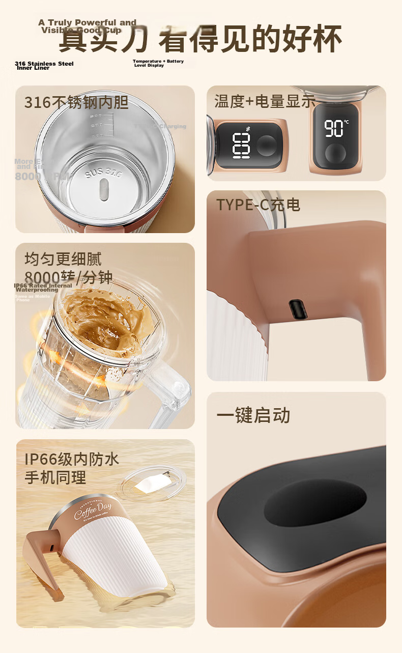 Mixiaoshu Electric Self-Stirring Cup with Rechargeable Battery, Fully Automatic Magnetic Rotation, 316 Stainless Steel Mixing Coffee Cup for Soy Milk And Milk Powder 4