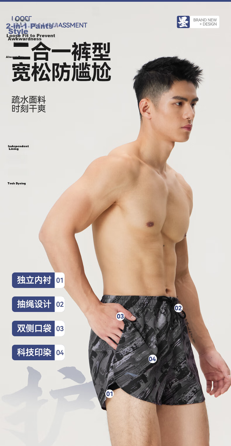 LI-NING Men's 2-in-1 Quick-Dry Swim Trunks with Inner Shorts, Three-Quarter Beach Shorts, Swimming Suit, Hot Spring Swimwear 0061 Black Gray XXL 5