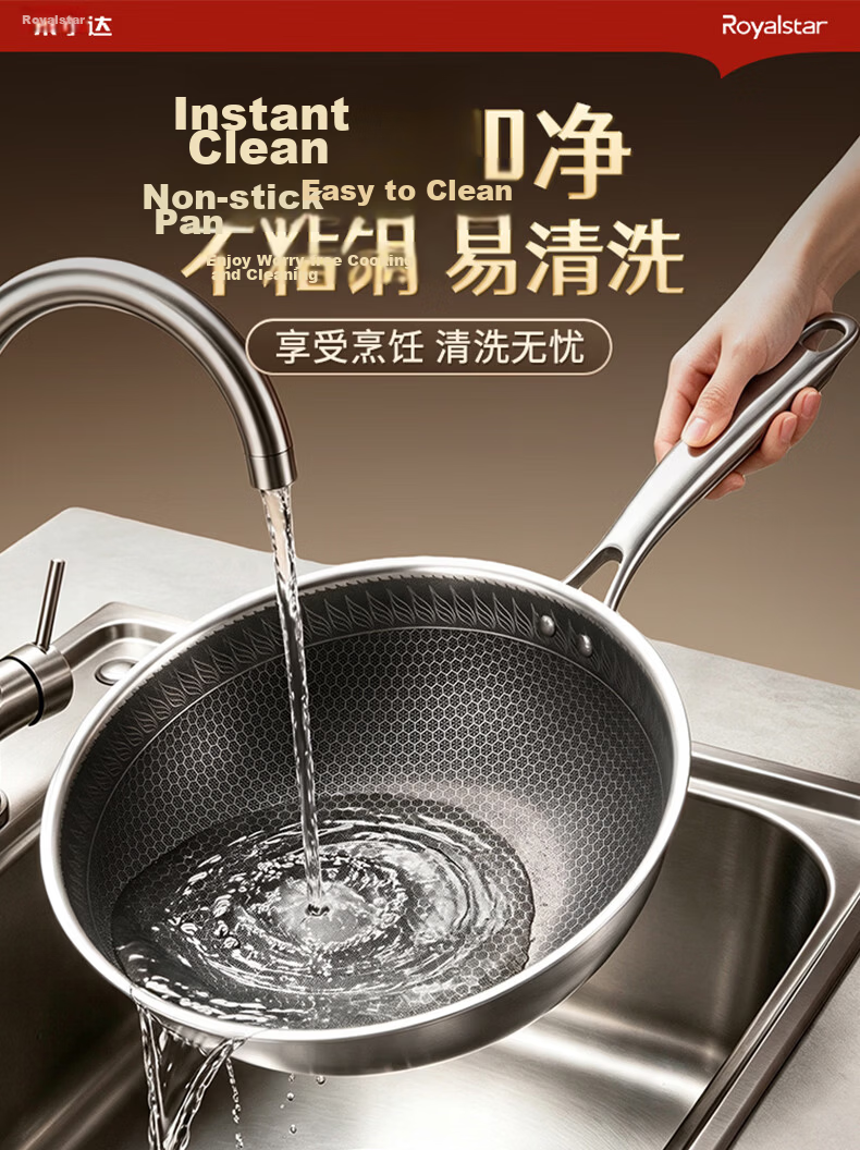 Royalstar Titanium Non-Stick Wok 304 Stainless Steel Household Frying Pan Flat Bottom Skillet Compatible with Induction Cooker and Gas Stove 14