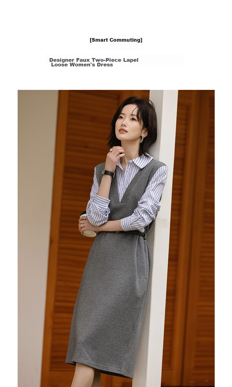 Demana [Cloud Oxygen Cotton Blend] Spring Smart Commuter Two-Piece Style Lapel Loose Mid-Length Women's Dress 5