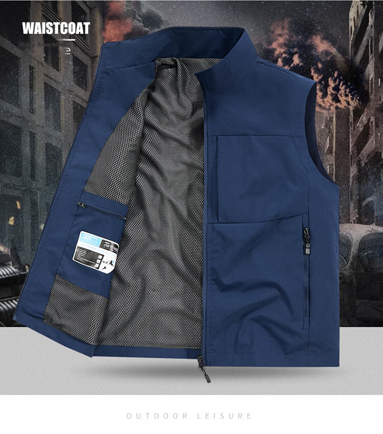 JEEP SPIRIT Men's Outdoor Casual Quick-Dry Vest Blue 3XL Autumn Breathable Simple Stand Collar Photography Jacket 12