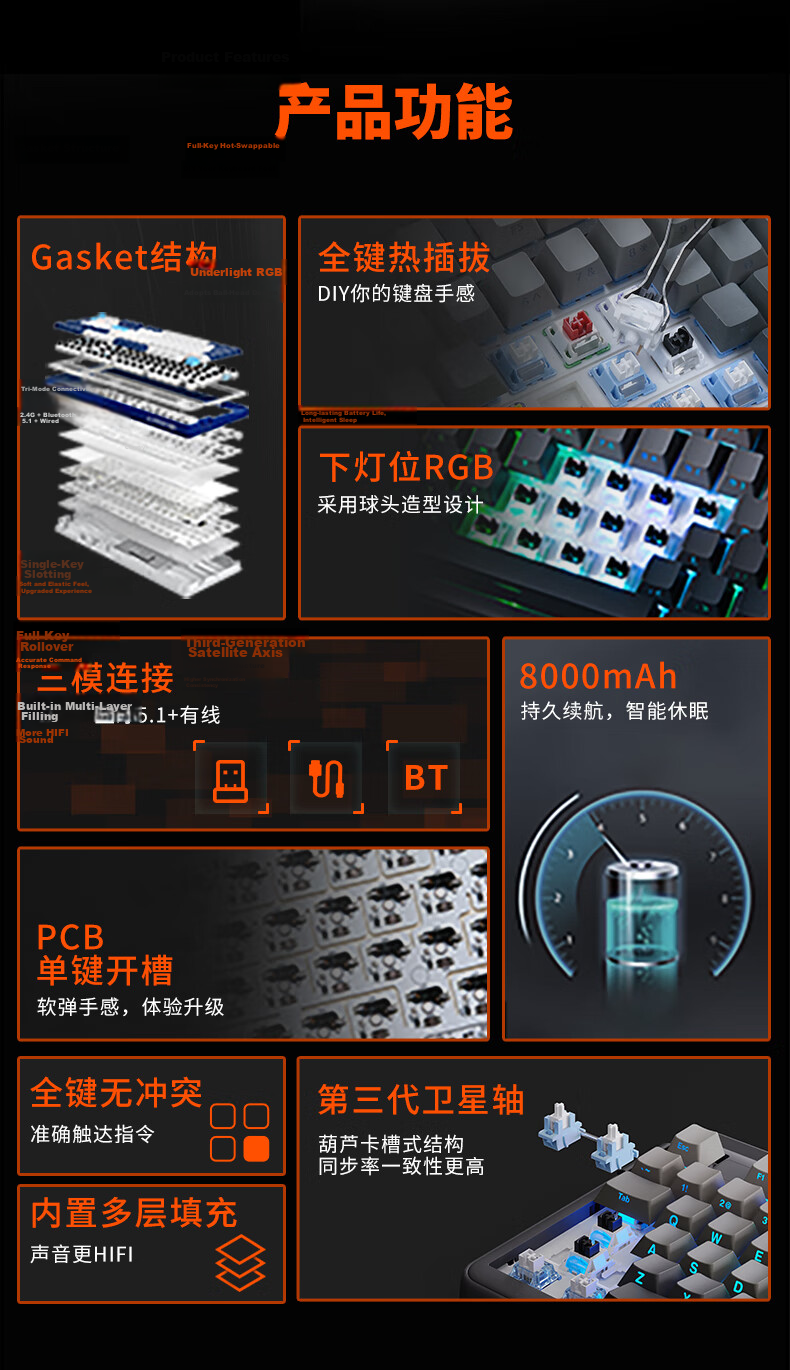DAREU A98 Pro Version 98-Key Wireless Tri-Mode Mechanical Gaming Keyboard Custom 8000mAh Gasket Structure Sky Switch V3 - Ride the Wind and Waves 3