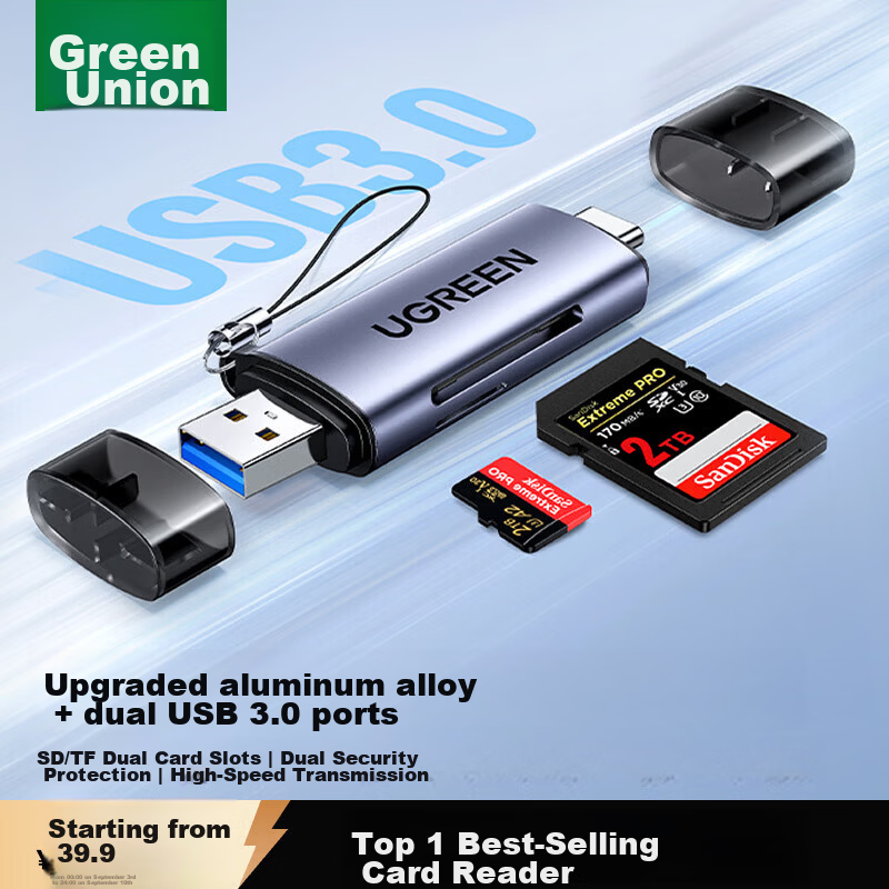 UGREEN USB/Type-C 3.0 High-Speed Card Reader SD/TF Dual Card Compatible with PC, Tablet, Phone, DJI Pocket 4/3 Drone, Apple 17/16, Sports Camera