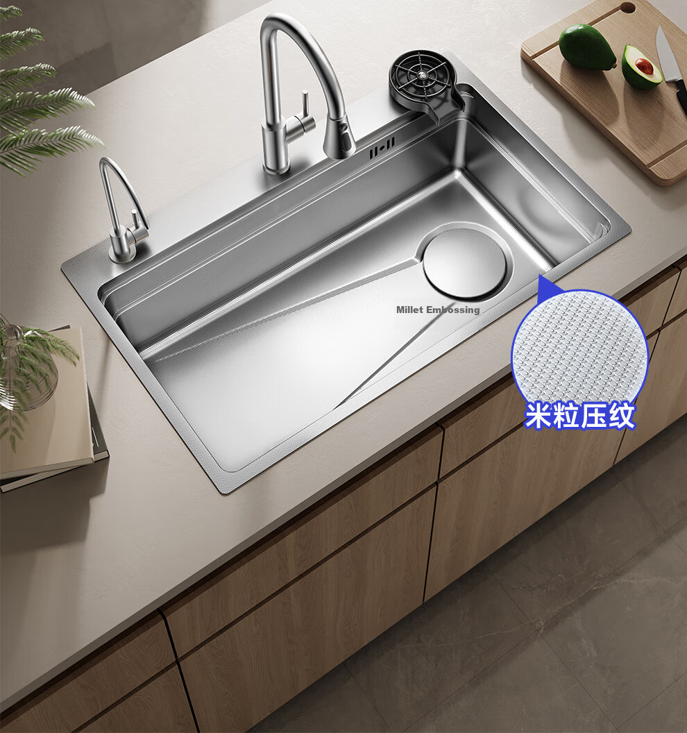 Rifeng 304 Stainless Steel Large Single Bowl Kitchen Sink with Textured Scratch-Resistant Surface and Faucet RF-SD7546209BD Silver 4