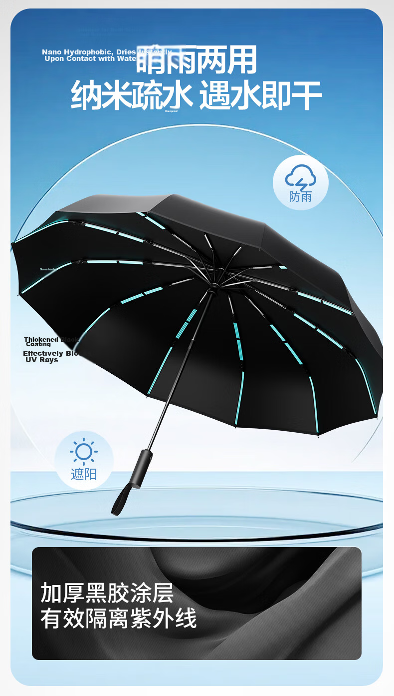 XiaoMo Fully Automatic Large Reinforced Thickened Windproof Folding Umbrella Sunshade Umbrella Solar Umbrella 120 Ribs Customizable 9