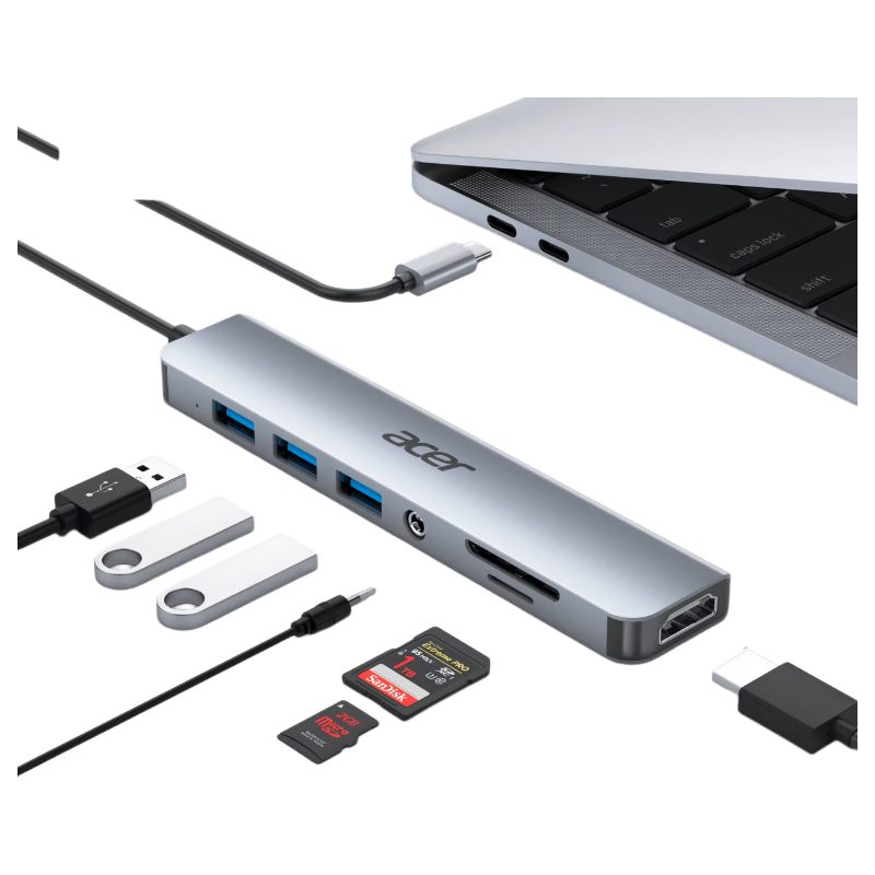 Acer Type-C 7-in-1 Docking Station USB Hub with Ethernet Port and SD/TF Card Reader Expansion for Laptop MacBook Huawei Adapter Converter