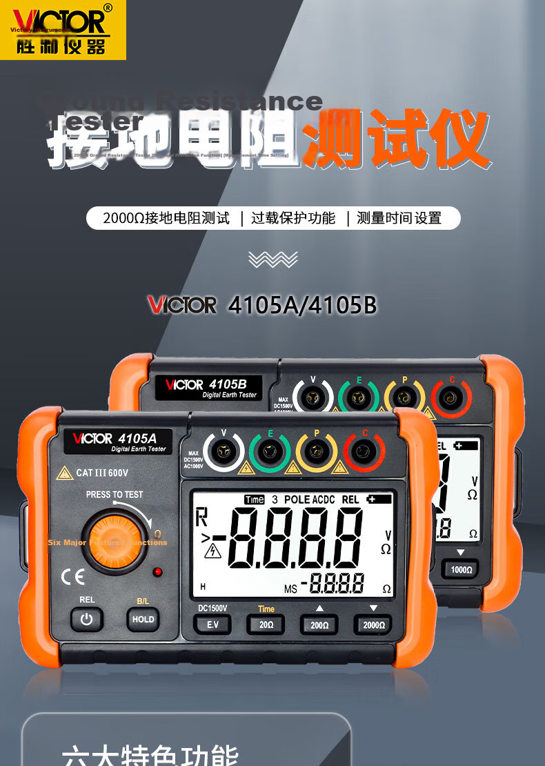 VICTOR Lightning Protection Ground Resistance Tester VC4105A Digital Earth Resistance Meter with Power Adapter 1