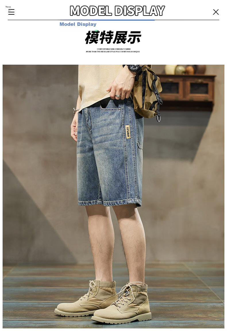 ROMON Summer 2026 New Retro American Style Men's Loose Straight-Leg Denim Shorts Blue 31 7