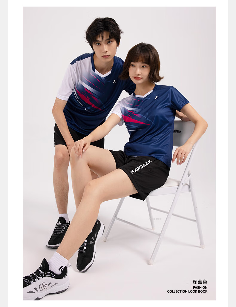 KAWASAKI Badminton Outfit for Women, Professional Sports Round Neck Short Sleeve + Shorts Set B2815, Navy Blue, M 5