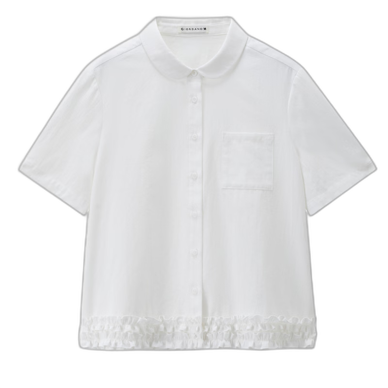 Giordano Designer 2026 Summer Textured Doll Collar Spliced Lace Short Sleeve Shirt for Women 18346304