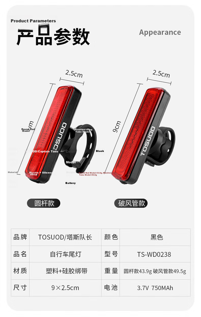 Captain Tas Bicycle Tail Light Type-C Rechargeable Waterproof Safety Night Riding Warning Road Mountain Bike Tail Light Accessory 4