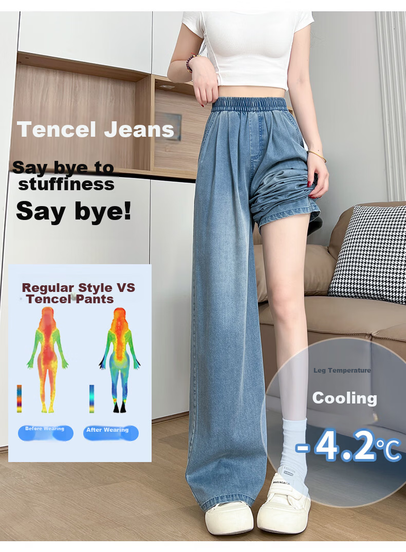 Jeanswest Women's Spring Summer High-Waist Tencel Thin Ice Silk Loose Slim Draped Black Jeans XL 5