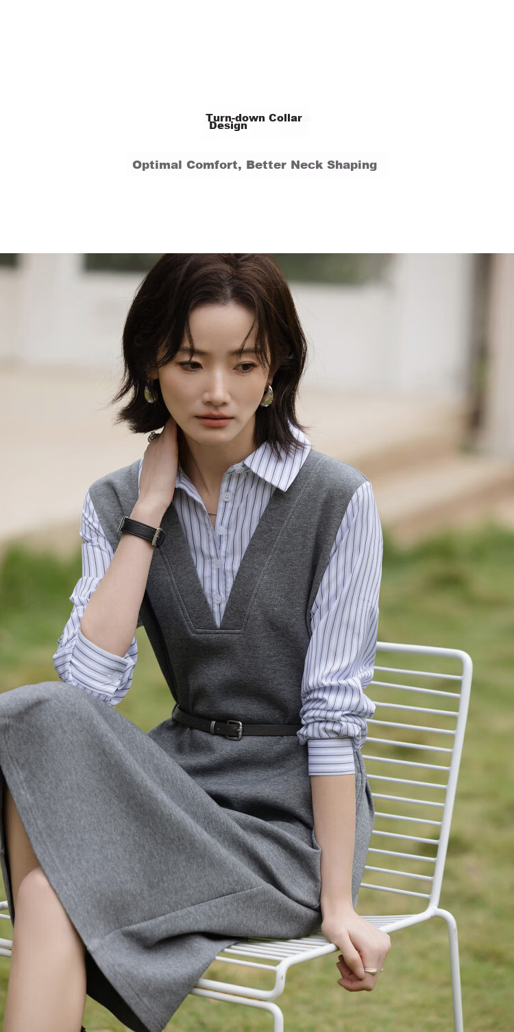 Demana [Cloud Oxygen Cotton Blend] Spring Smart Commuter Two-Piece Style Lapel Loose Mid-Length Women's Dress 7